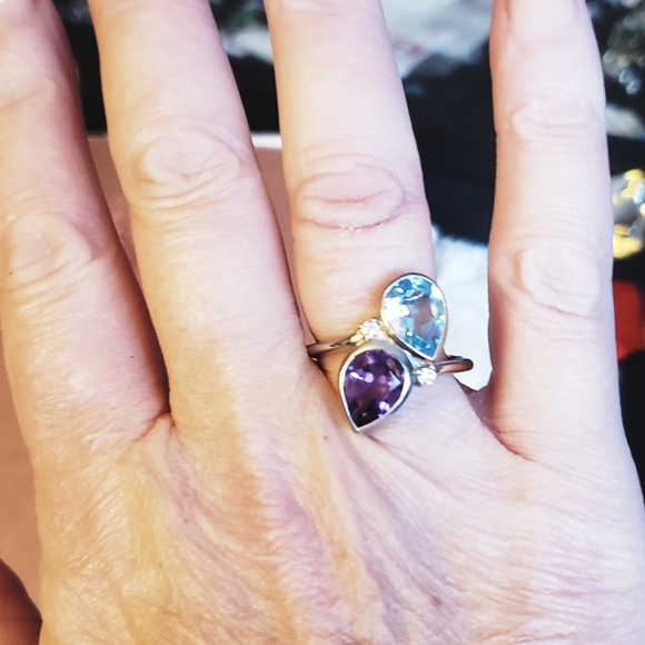 NWT African Amethyst, Sky Blue Topaz and Moissanite Bypass Ring Size 9 - Picture 13 of 13